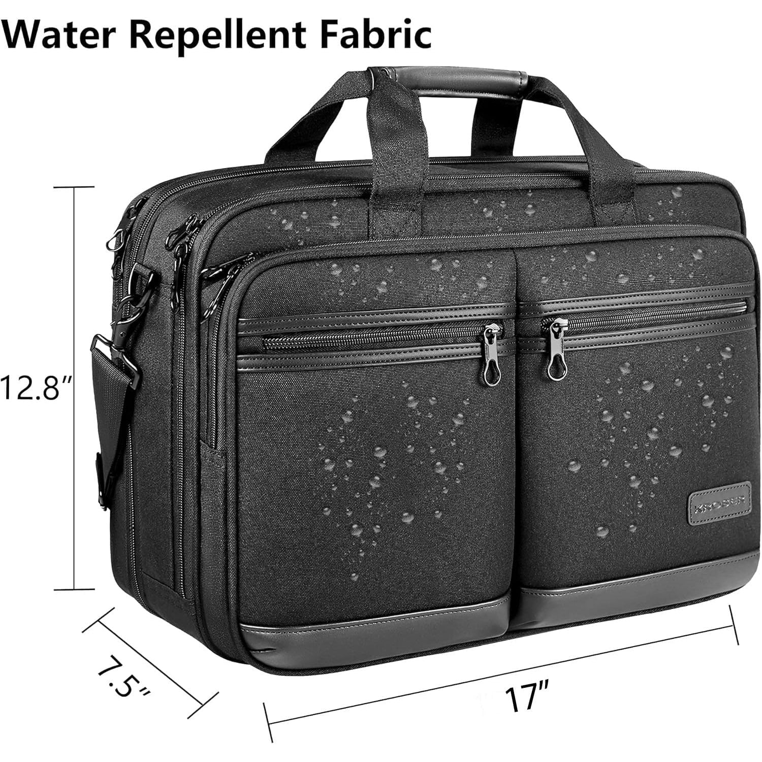 Black briefcase with water-repellent fabric texture, dual zip pockets and handle