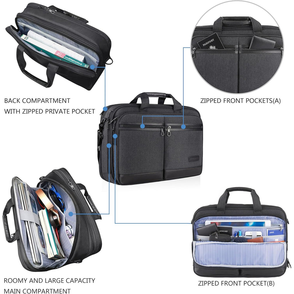 Black briefcase with back compartment, roomy main section, and zippered front pockets