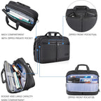 Black briefcase with back compartment, roomy main section, and zippered front pockets