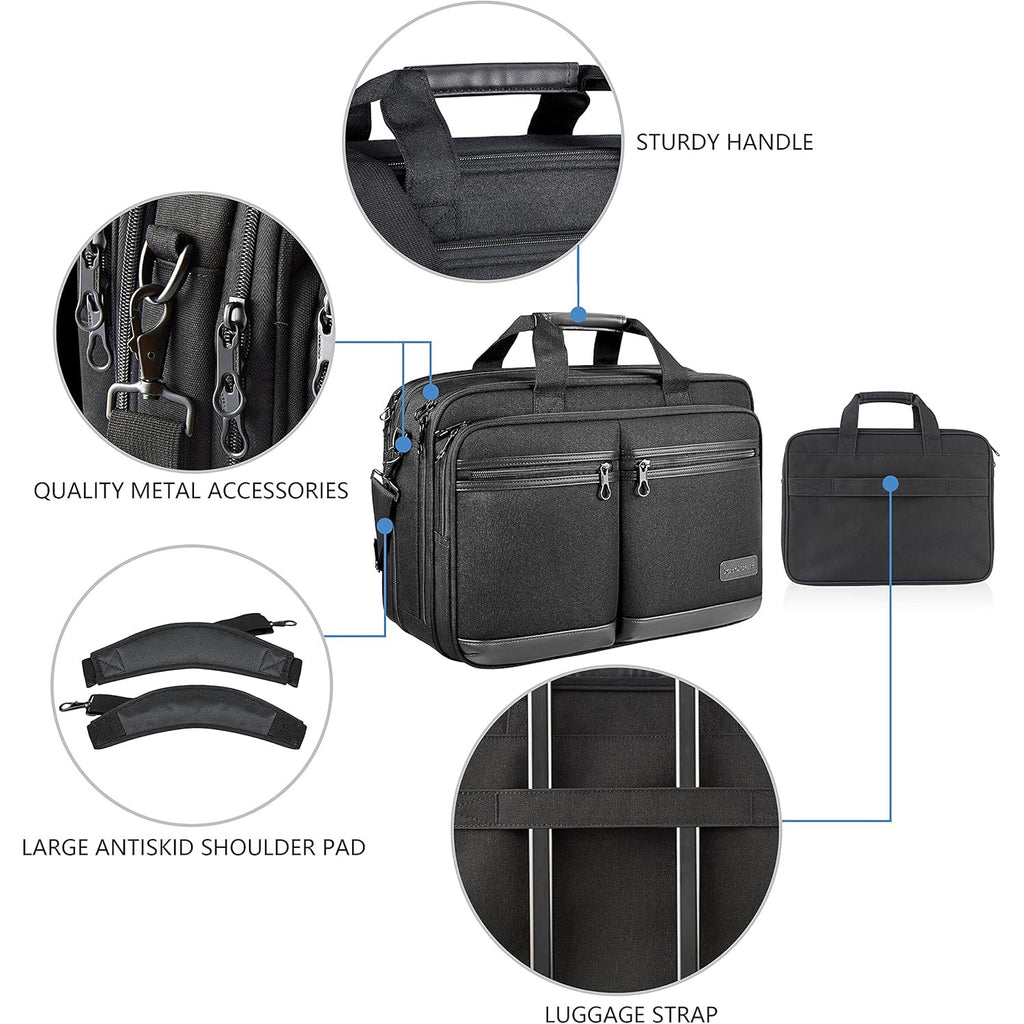 Black briefcase with sturdy handle, metal hardware, and large anti-slip shoulder pad
