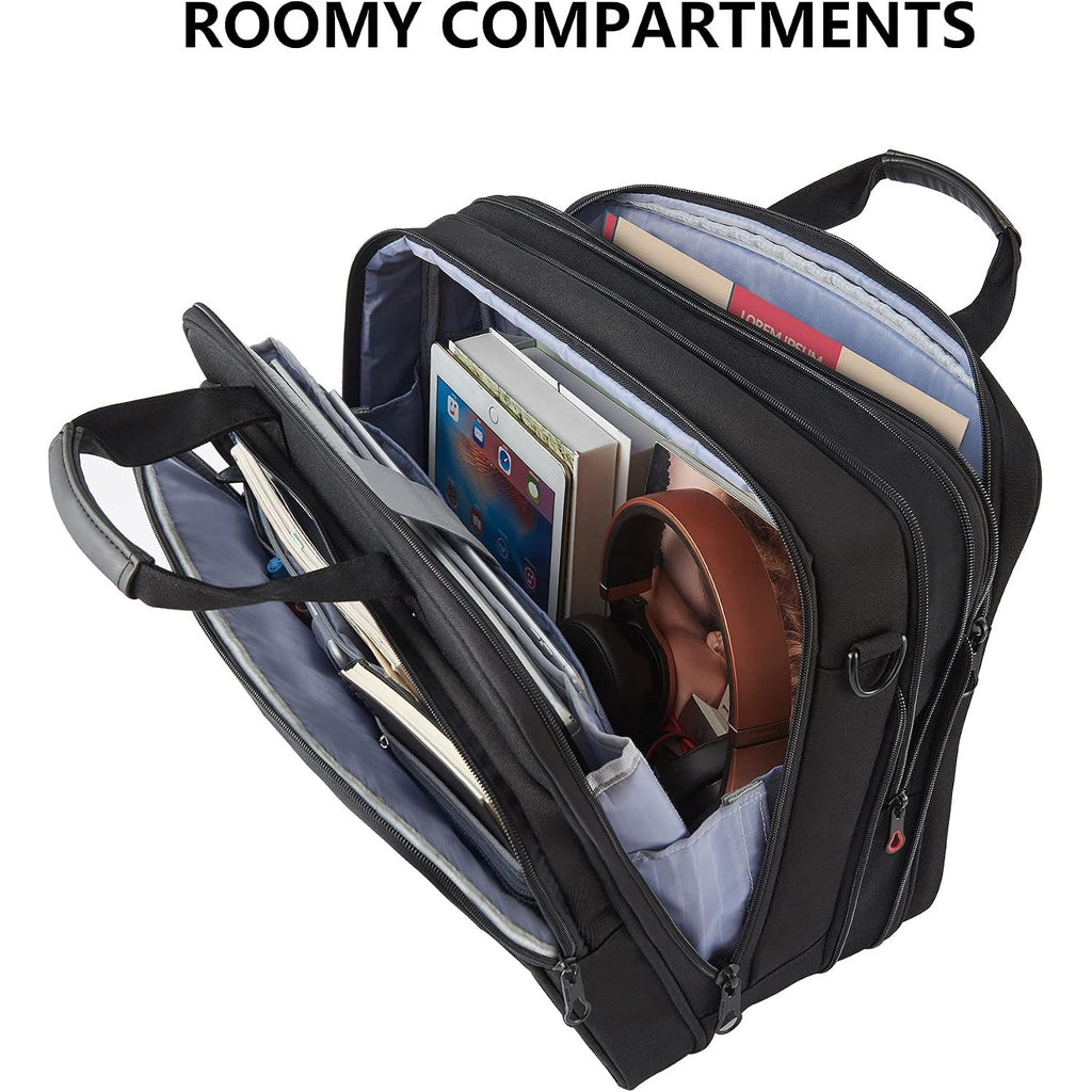 Black briefcase open to show compartments holding folders and a tablet