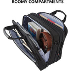 Black briefcase open to show compartments holding folders and a tablet