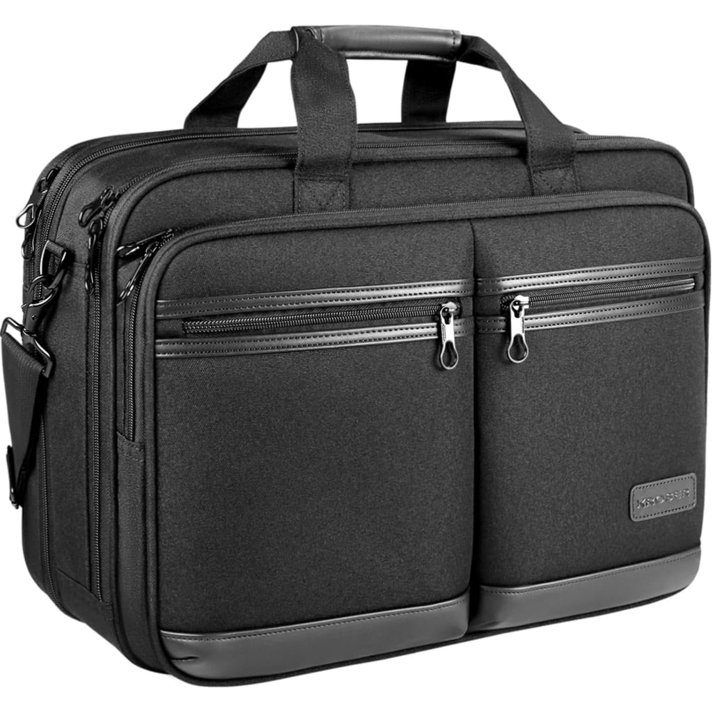 Black zippered business laptop briefcase with dual front pockets and top handle