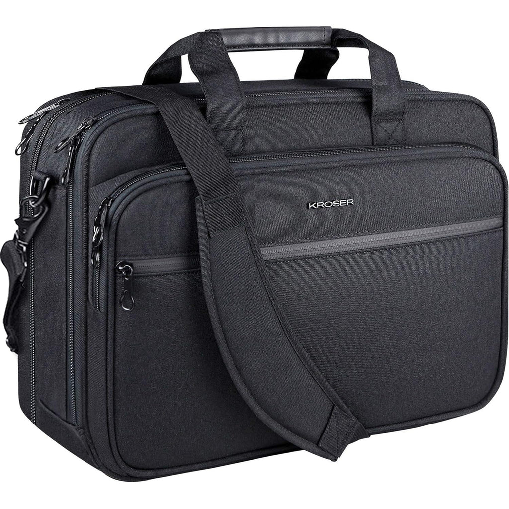 KROSER laptop briefcase with front zipper, padded shoulder strap, dark textured fabric