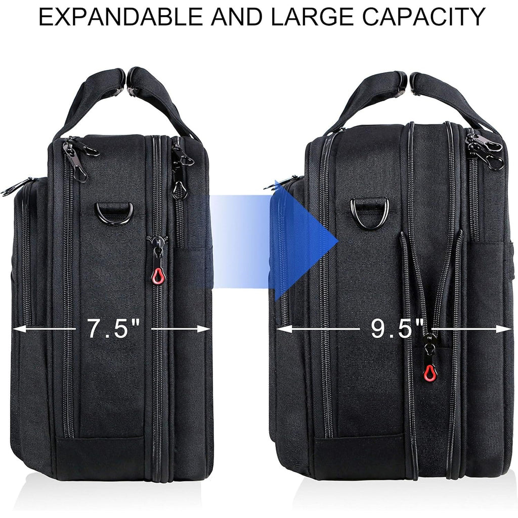 KROSER expandable laptop briefcase with dual zippers and side pockets, dark fabric