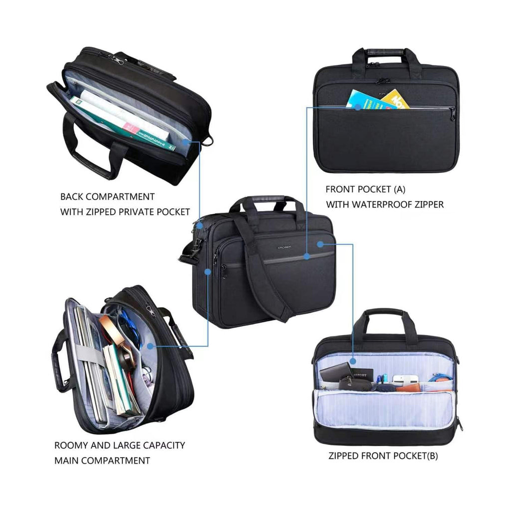 KROSER laptop briefcase with front zip pocket and multiple interior sections, dark