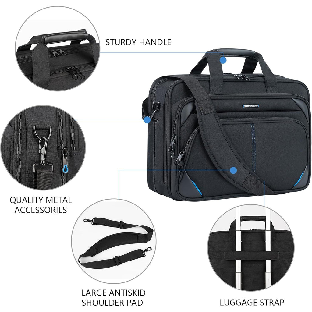 Expandable laptop briefcase with sturdy handle, metal hardware, and luggage strap
