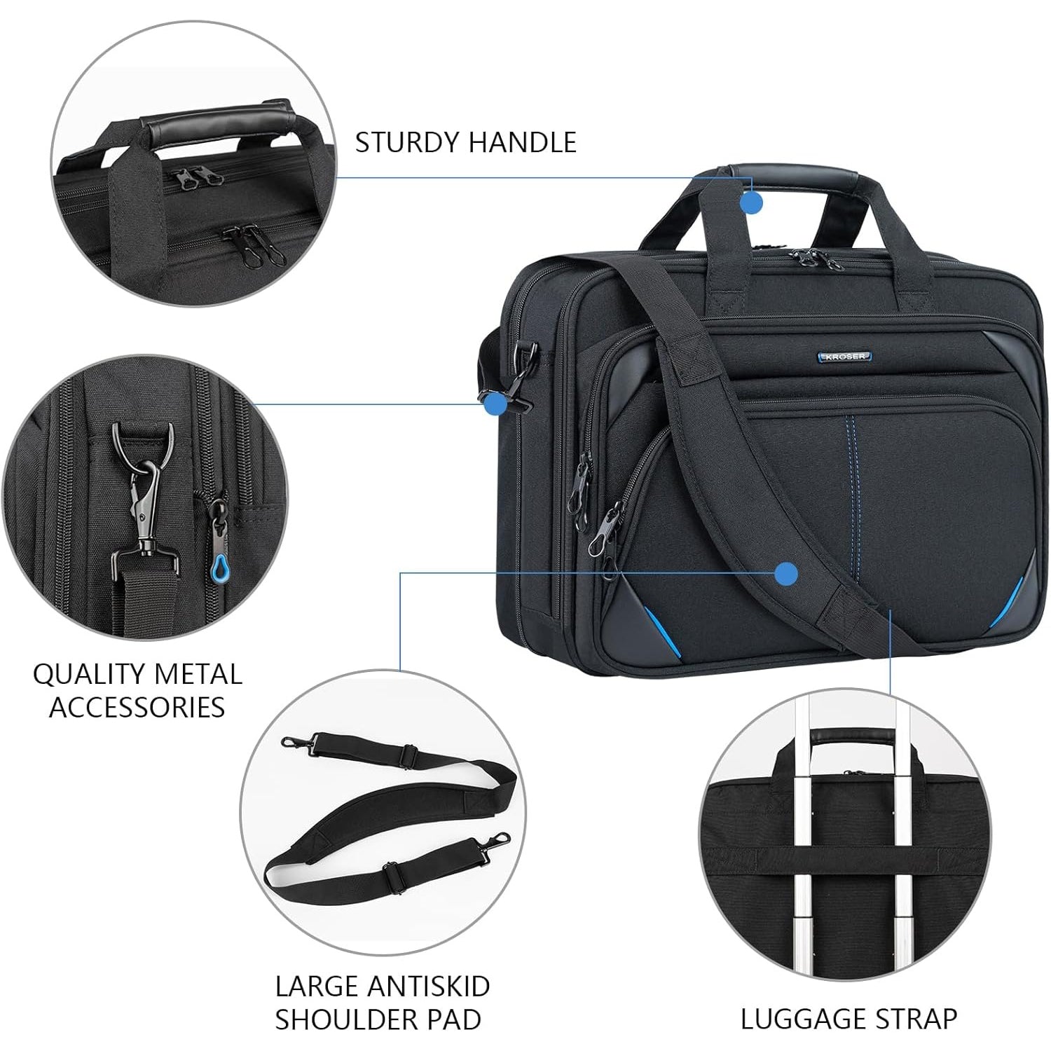 Expandable laptop briefcase with sturdy handle, metal hardware, and luggage strap