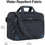 Water-resistant expandable laptop briefcase in dark fabric with front zip pockets and shoulder strap