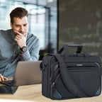 Expandable TSA laptop briefcase, dark fabric, front organizer pockets and crossbody strap