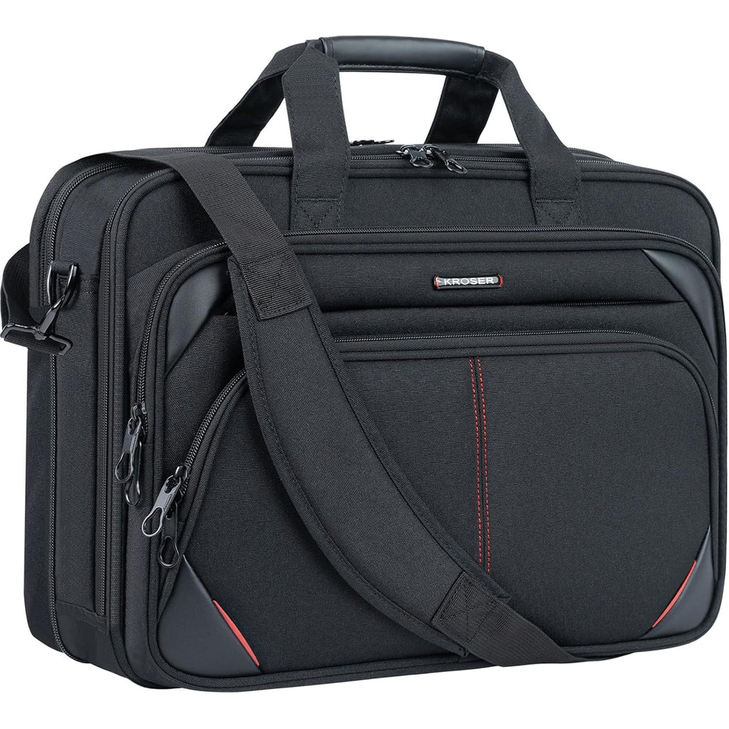 Expandable TSA laptop briefcase, dark fabric with red accent stitching, front pockets, shoulder strap