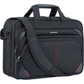 Expandable TSA laptop briefcase, dark fabric with red accent stitching, front pockets, shoulder strap