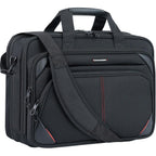 Expandable TSA laptop briefcase, dark fabric with red accent stitching, front pockets, shoulder strap