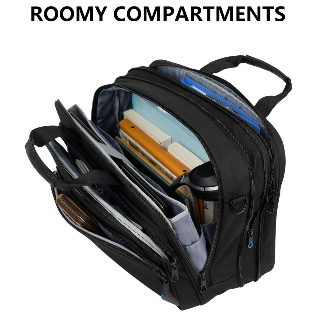 Expandable laptop briefcase with open interior compartments and organizer sleeves