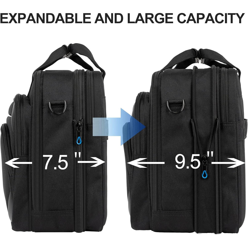 Expandable laptop briefcase with zip pockets on front and sides, showing expanded profile