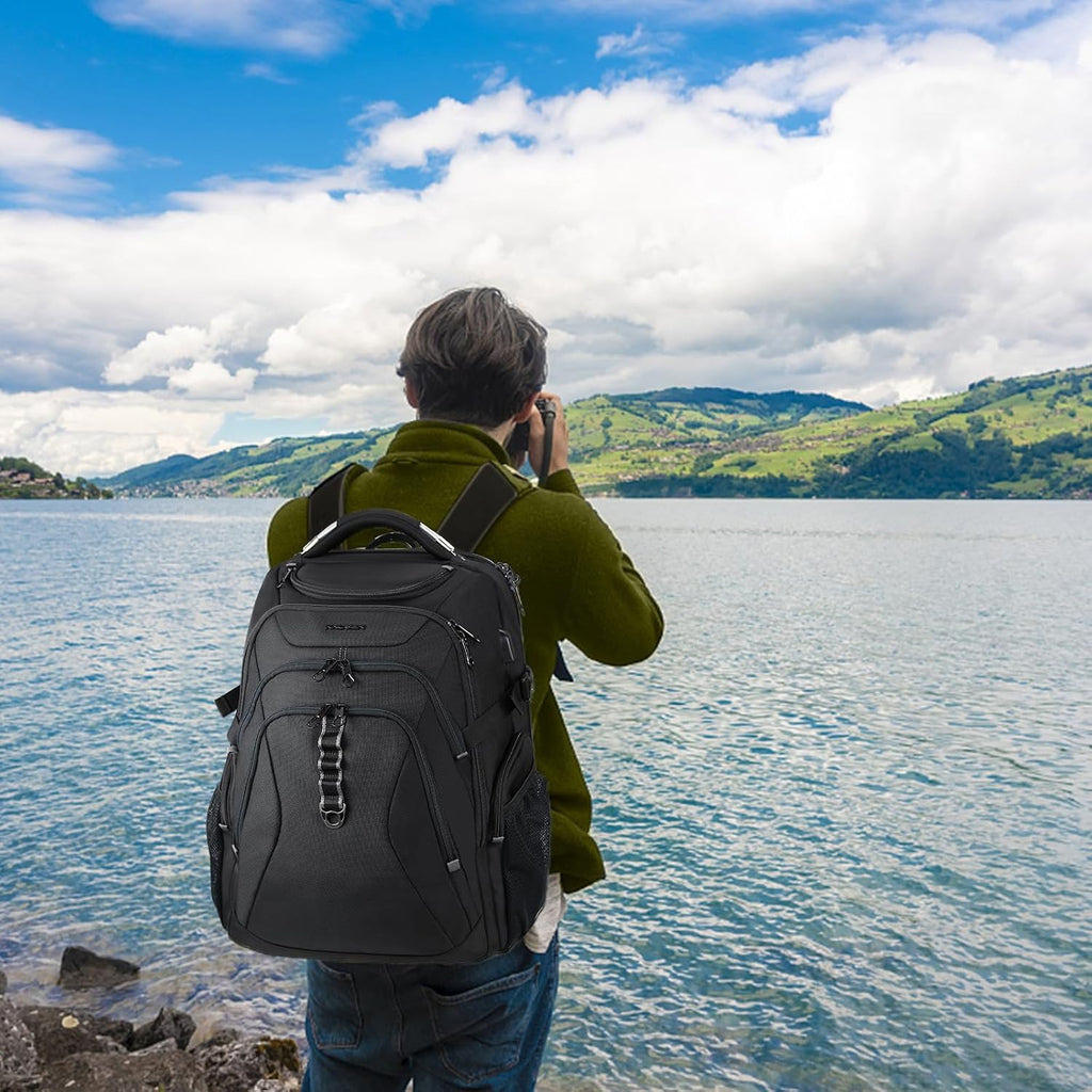 KROSER RFID laptop backpack, black hard-shell with front zip pockets and padded back