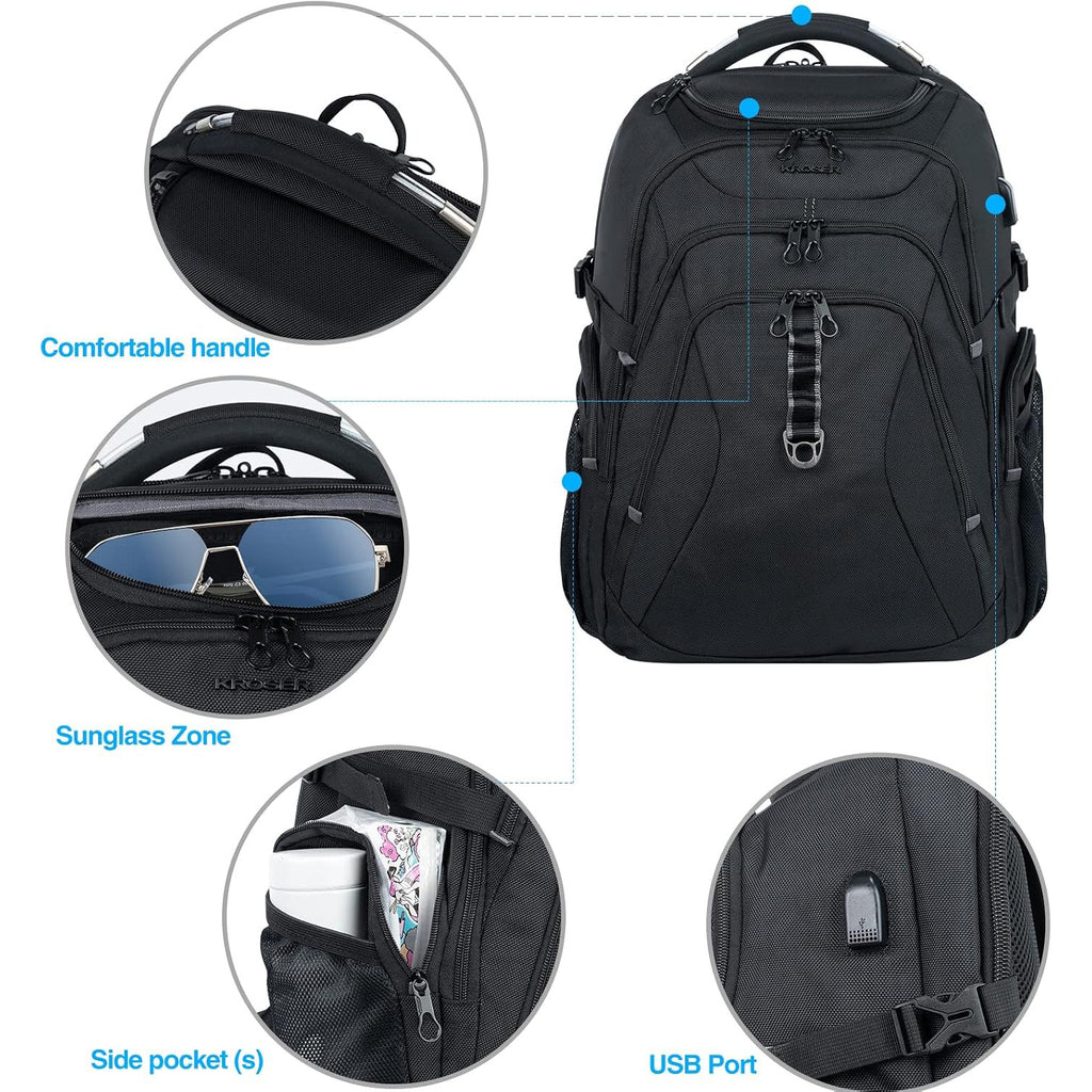 KROSER RFID laptop backpack, black with side pockets, USB port, and top handle