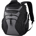 Black hard shell laptop backpack with front organizer panel, zip compartments, and shoulder straps