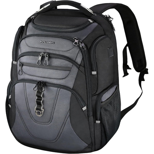 Gray and black laptop backpack with front zip pockets and textured side panel