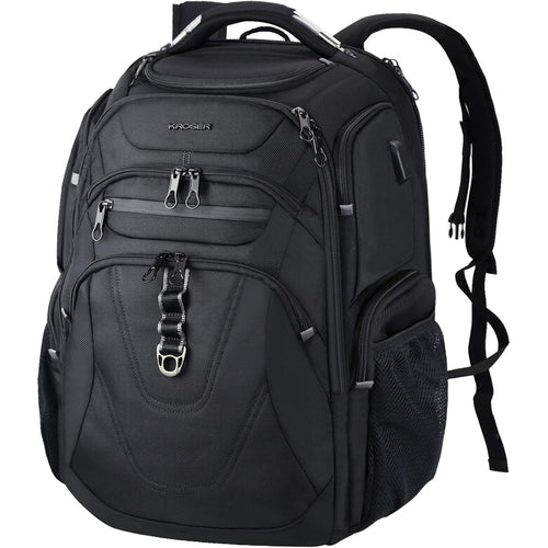 Black laptop backpack with front zip pockets, key strap, and padded side mesh