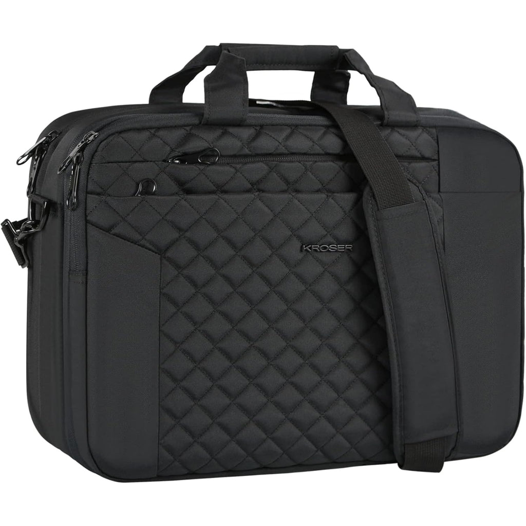 Black quilted laptop briefcase front panel with logo and adjustable shoulder strap