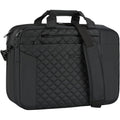 Black quilted laptop briefcase front panel with logo and adjustable shoulder strap