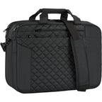 Black quilted laptop briefcase front panel with logo and adjustable shoulder strap