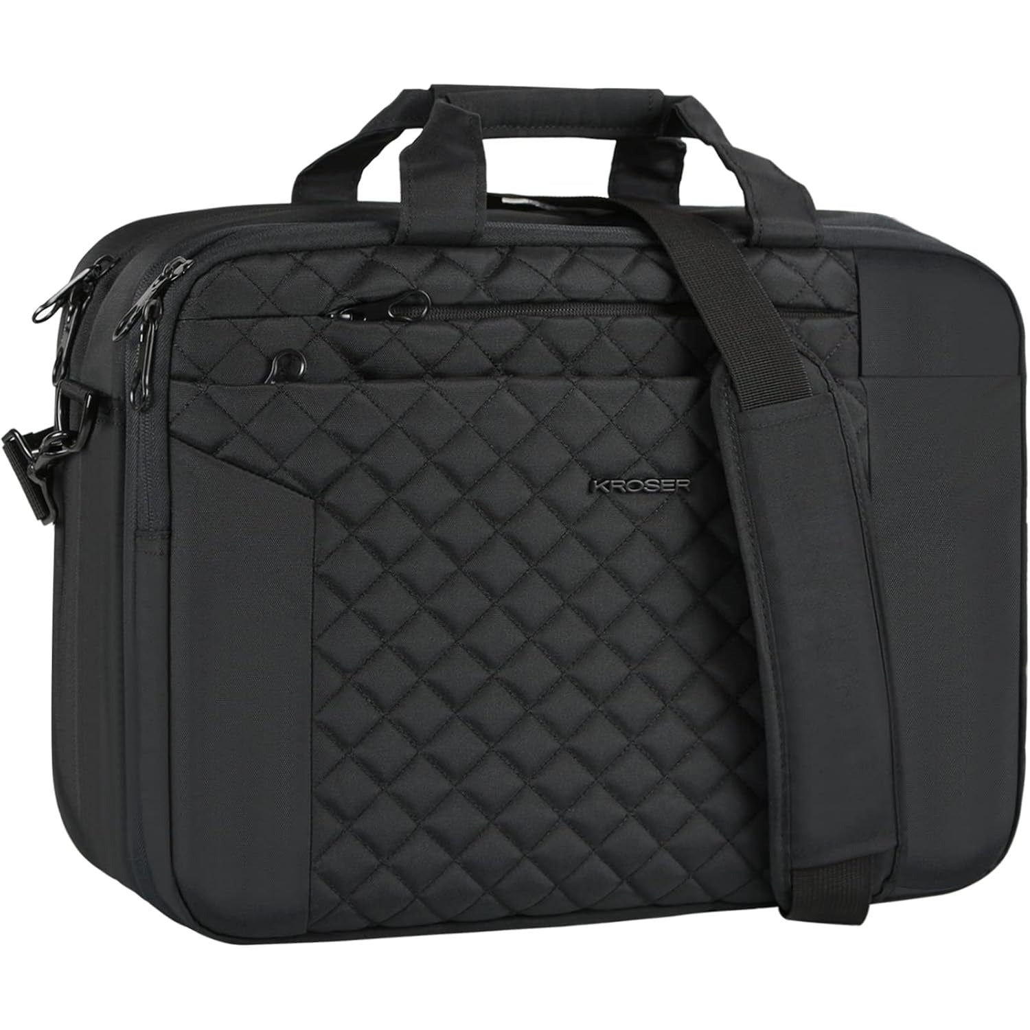 Black quilted laptop briefcase with front zipper pocket, shoulder strap, and handle
