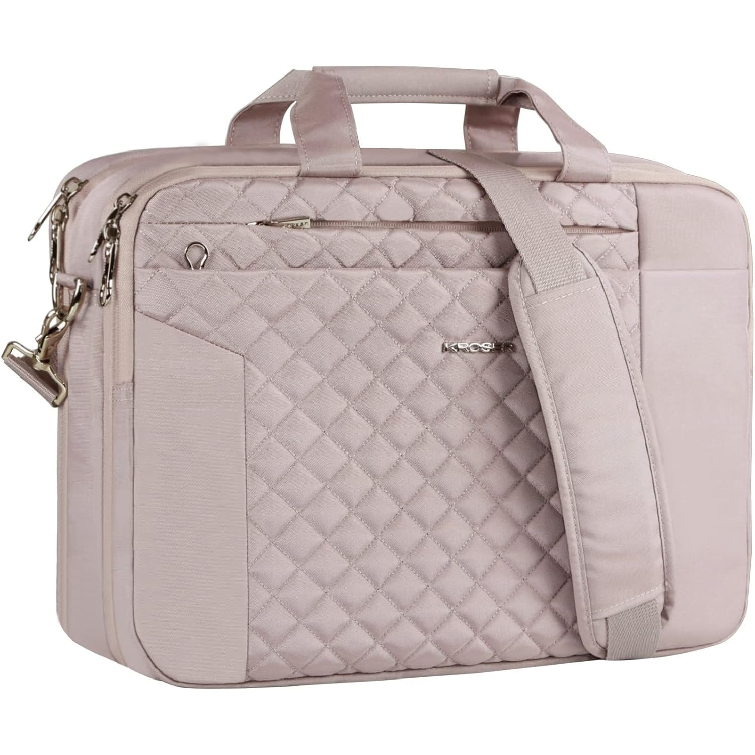 Matte purple/pink quilted laptop briefcase with top handle and crossbody strap