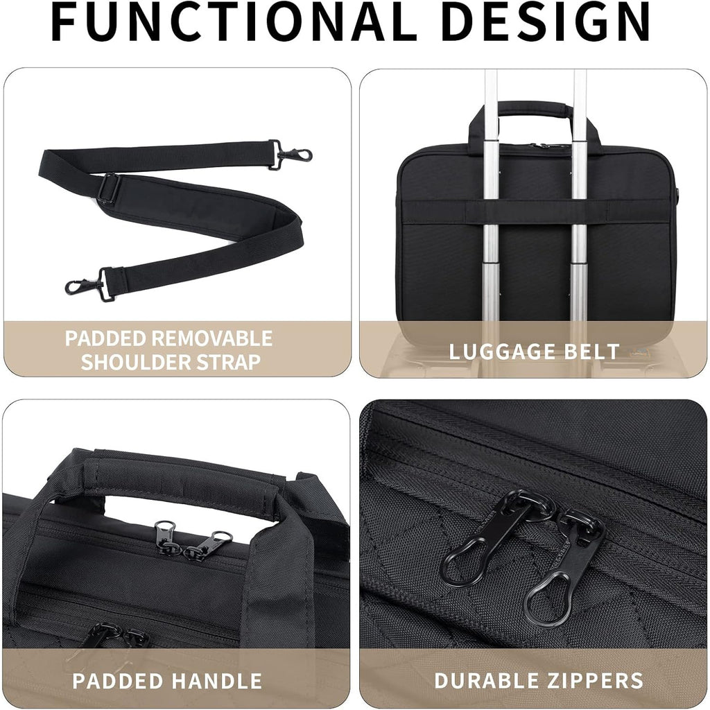 Black laptop briefcase with removable shoulder strap, padded handle, and luggage belt