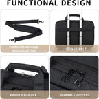 Black laptop briefcase with removable shoulder strap, padded handle, and luggage belt