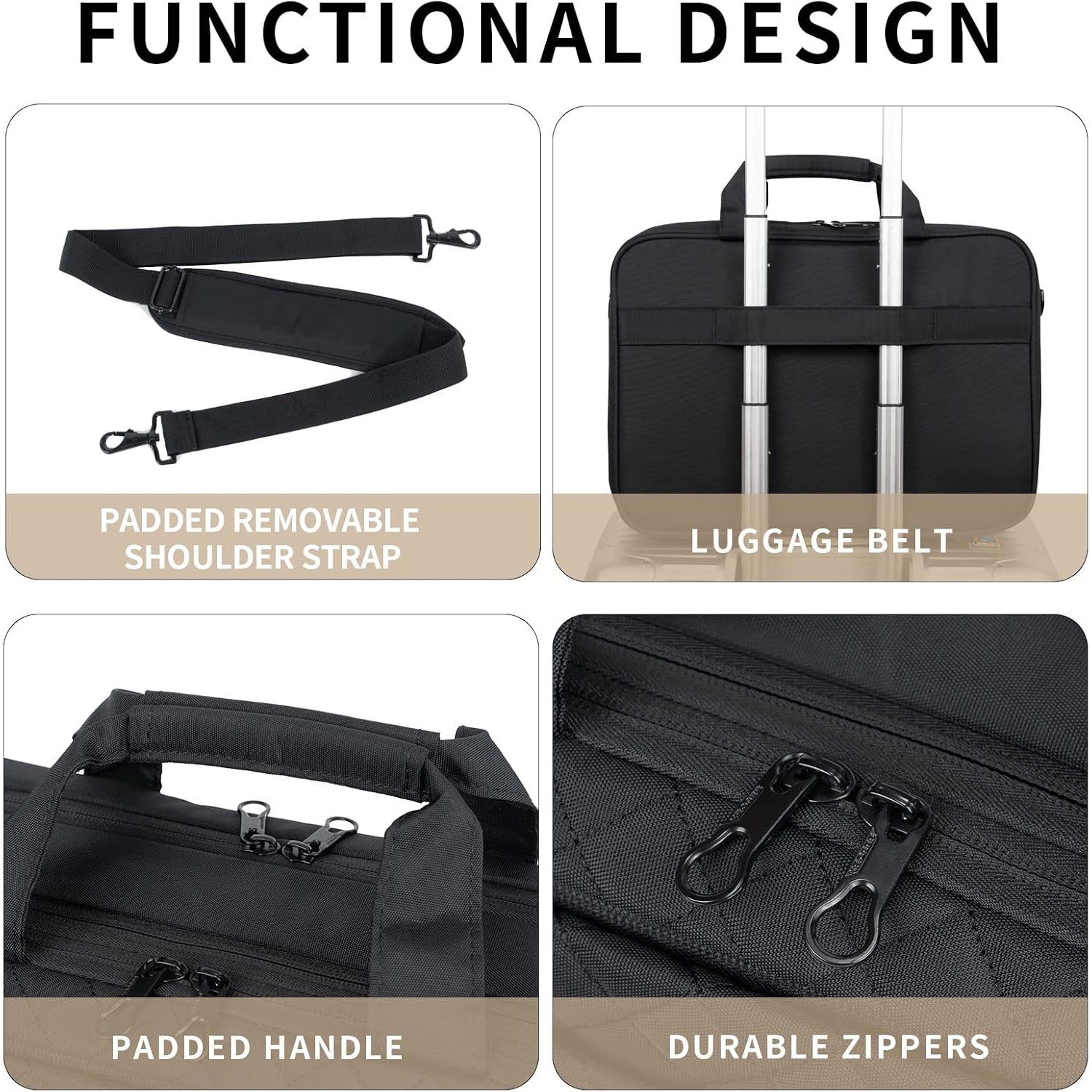 Black laptop briefcase with padded removable shoulder strap and luggage belt