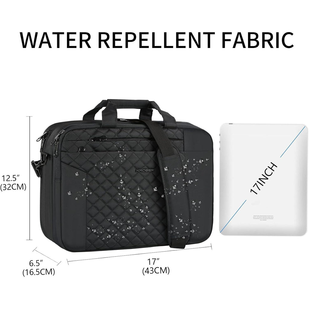 Black quilted laptop briefcase with exterior handle and 17-inch size view