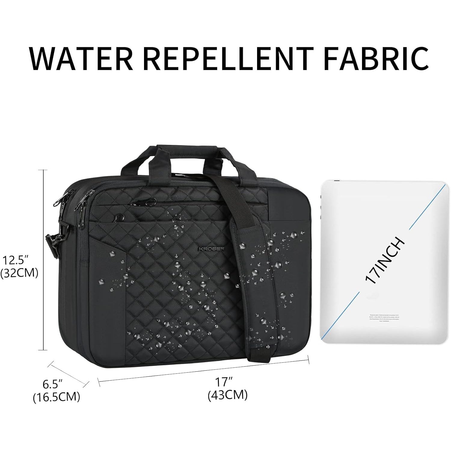 Black 17-inch laptop briefcase with quilted front, top handle, and side strap