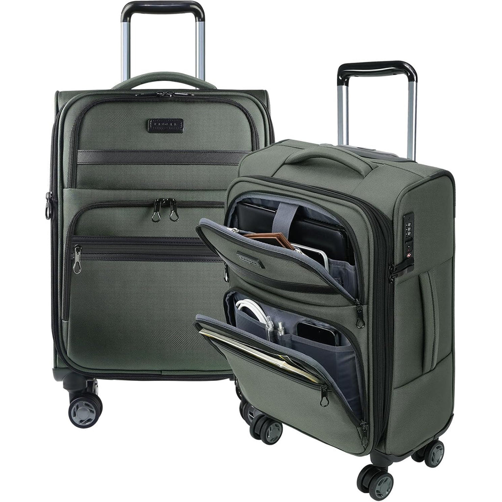 Softside carry-on luggage front with zip organizer panels and side opening, dark green