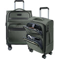 Softside carry-on luggage front with zip organizer panels and side opening, dark green