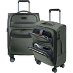 Softside carry-on luggage front with zip organizer panels and side opening, dark green