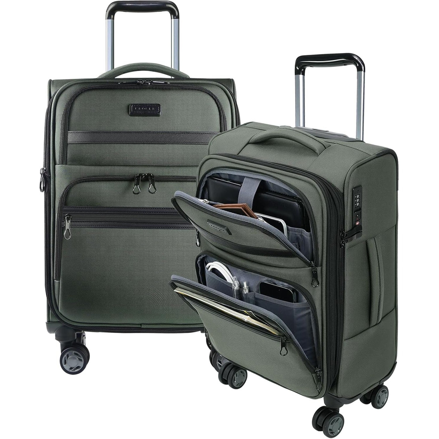 Olive green softside carry-on luggage with telescoping handle, front organizers, and four wheels