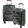Olive green softside carry-on luggage with telescoping handle, front organizers, and four wheels