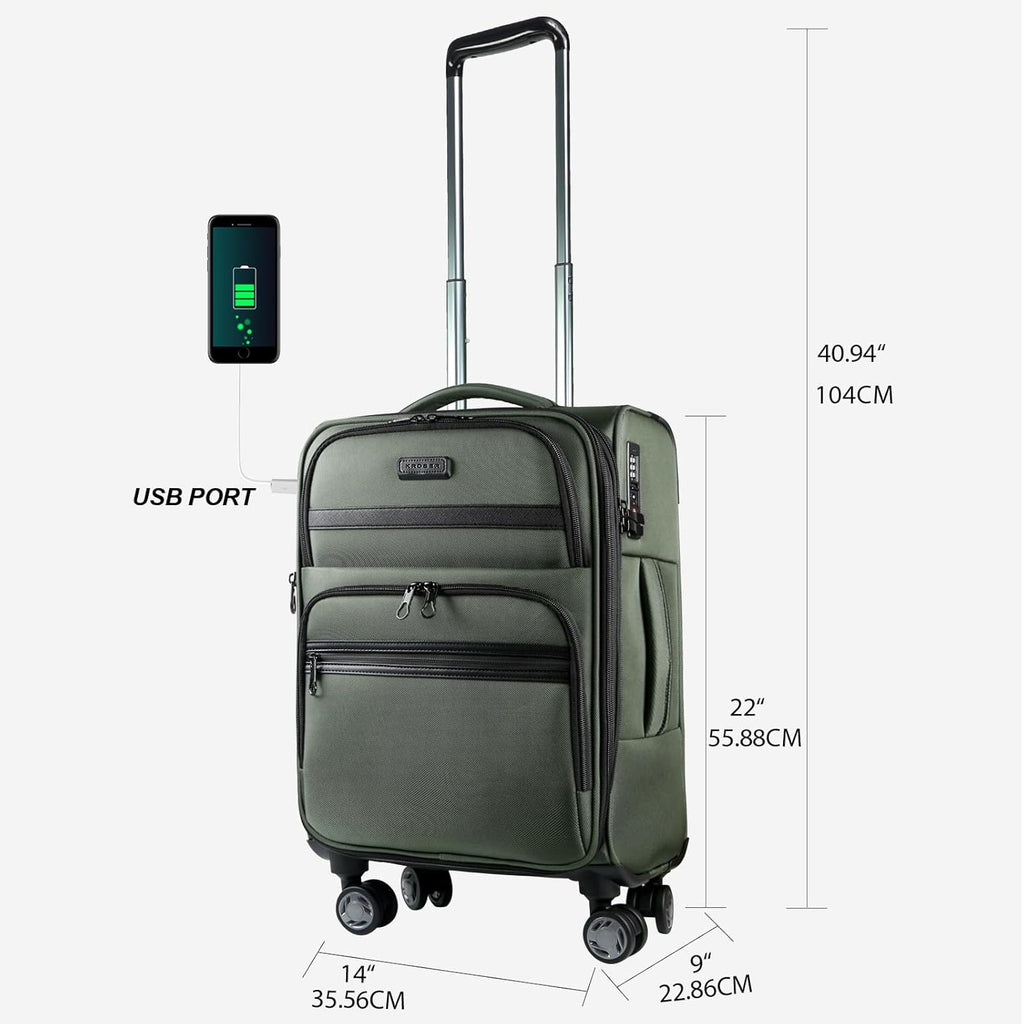 Softside carry-on luggage with USB port and size dimensions, dark green