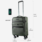 Softside carry-on luggage with USB port and size dimensions, dark green