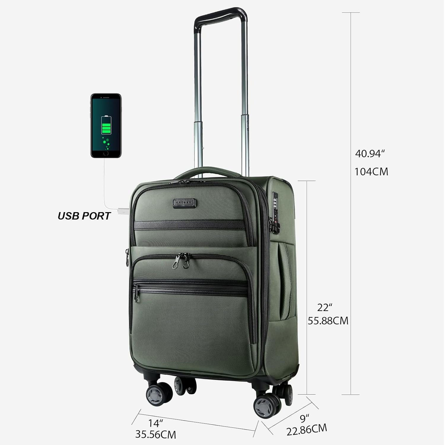 Olive green carry-on suitcase with USB port, front organizer pocket, and telescoping handle
