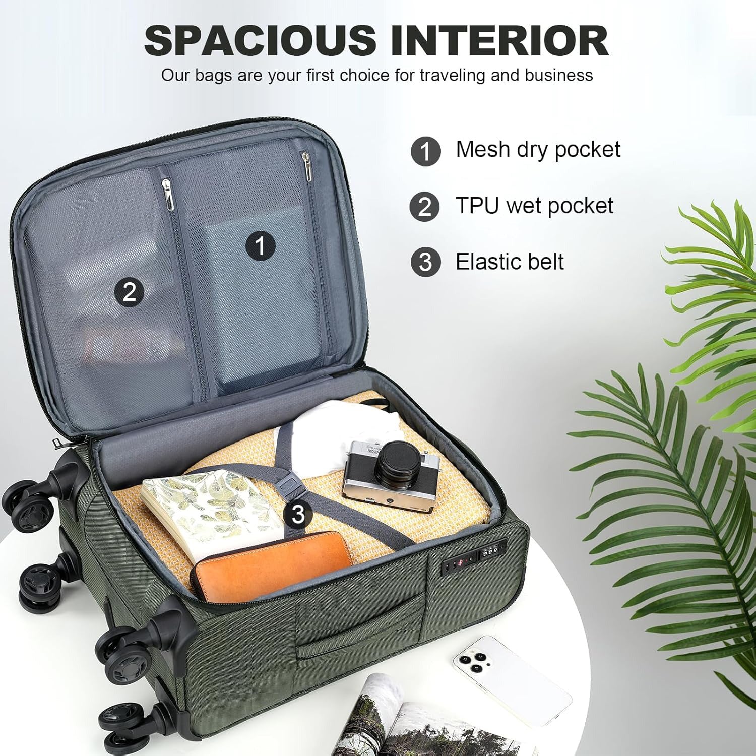Softside carry-on luggage interior with mesh pocket, TPU wet pocket, and elastic belt