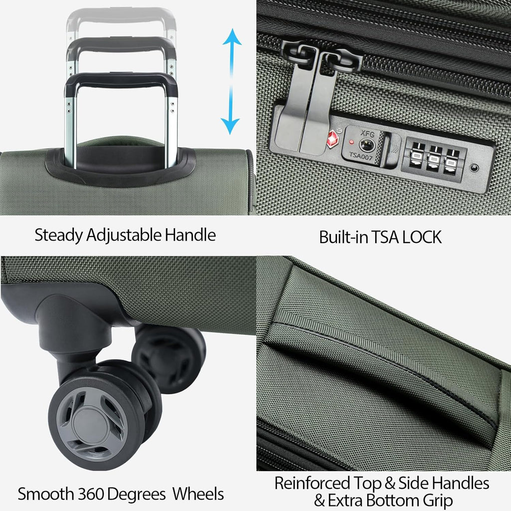 Softside carry-on luggage showing adjustable handle, 360 wheels, and built-in TSA lock