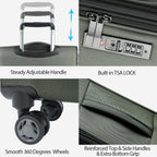 Softside carry-on luggage showing adjustable handle, 360 wheels, and built-in TSA lock