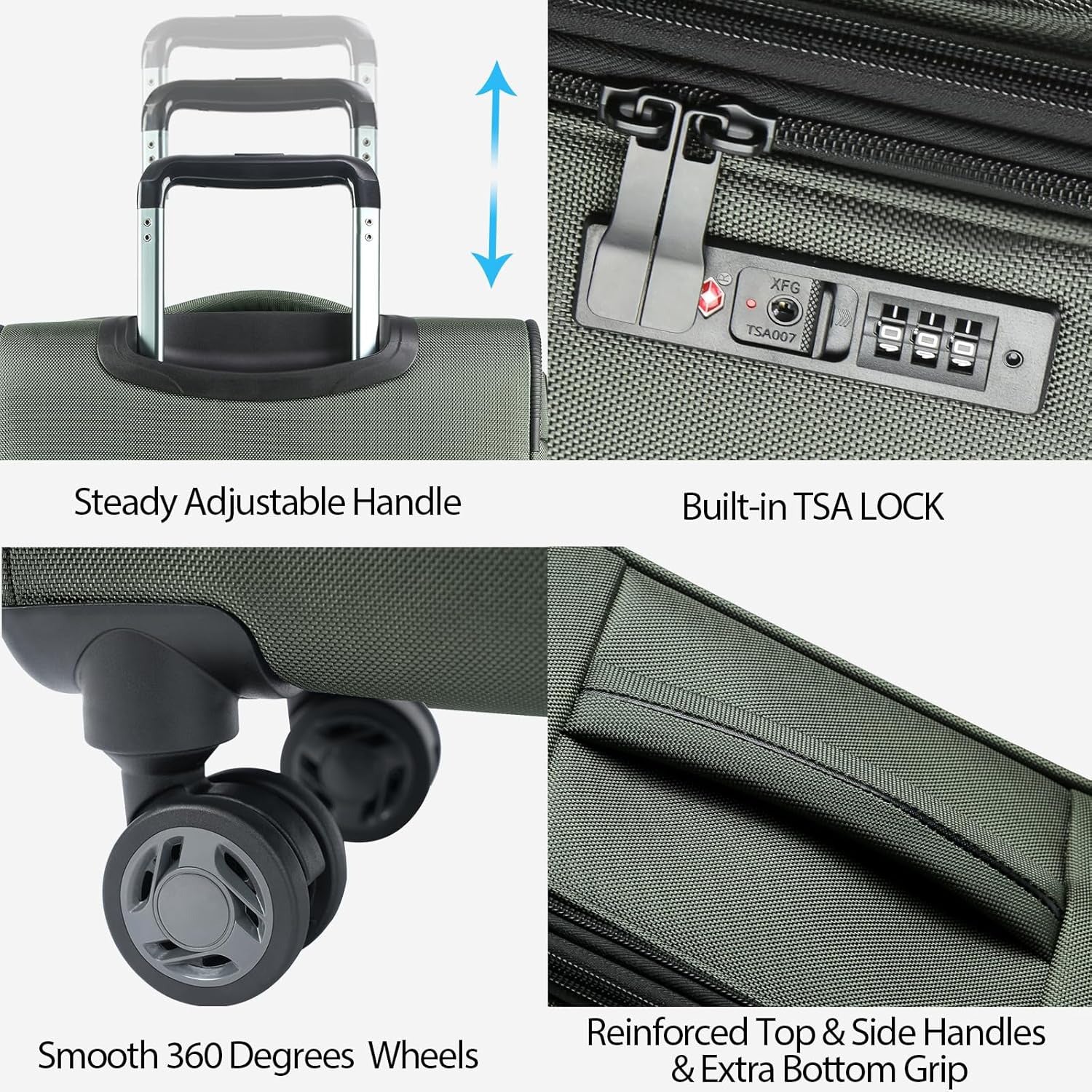 Olive green softside carry-on luggage with TSA lock, reinforced handles, and 360-degree wheels