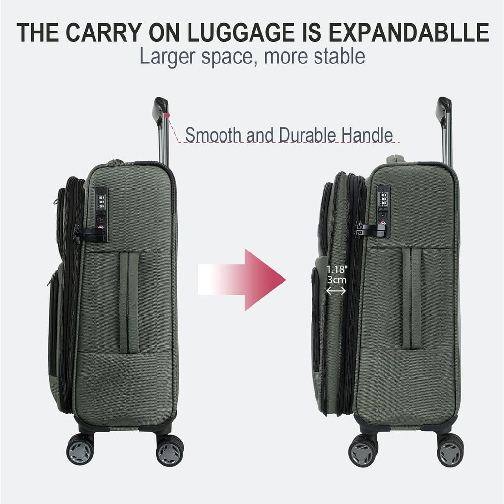 Expandable softside carry-on luggage, dark green, with side pockets and TSA lock panel