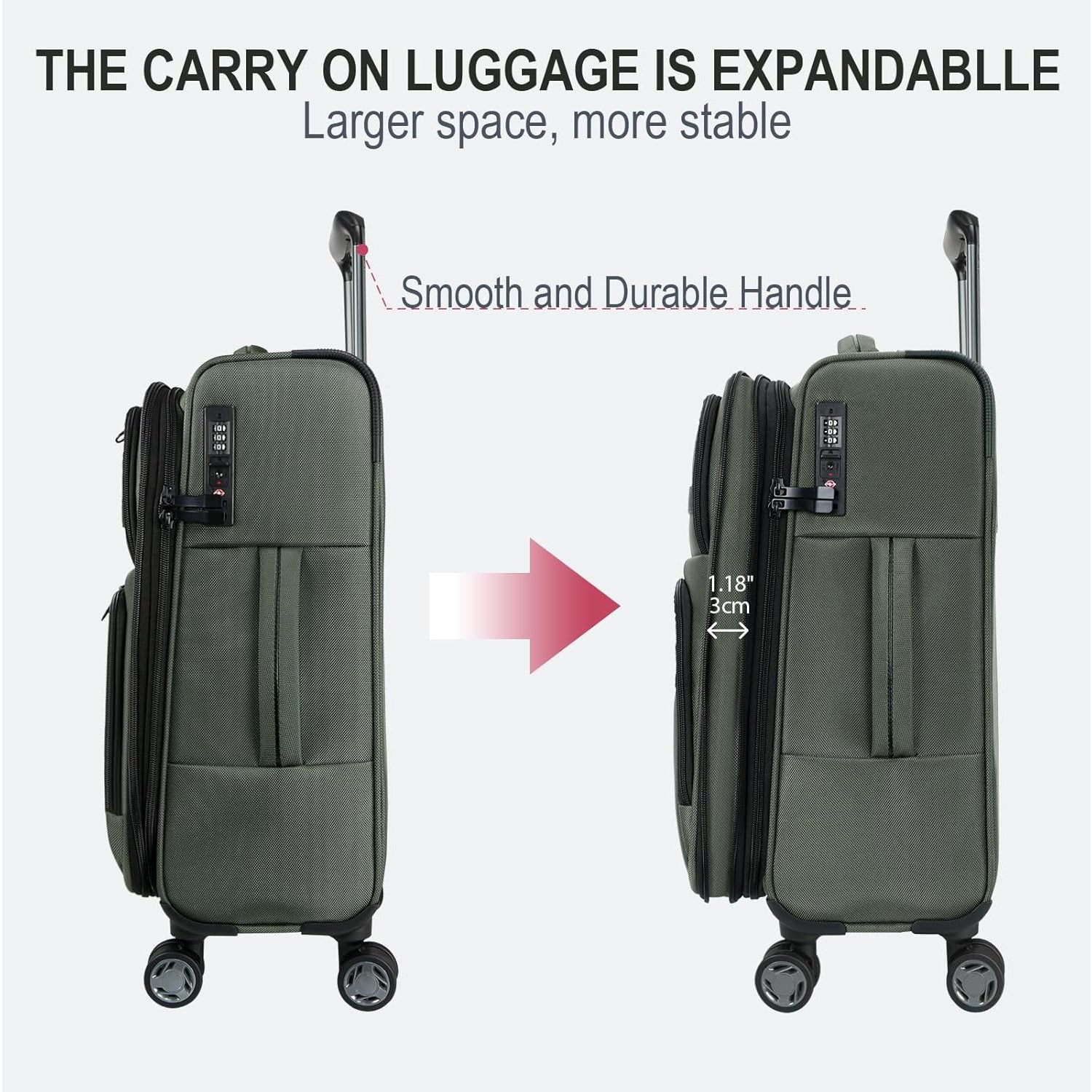 Expandable olive green carry-on luggage with front zip pocket and smooth telescoping handle