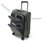 Softside carry-on luggage in dark green with front organizer pocket and telescoping handle