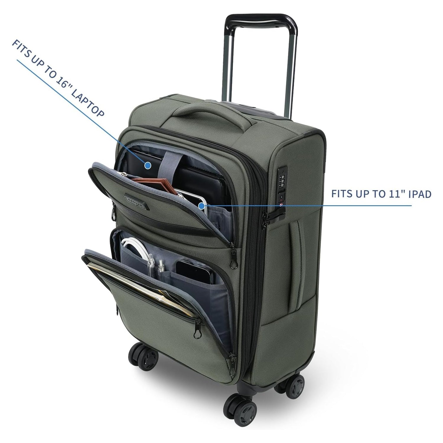 Army green softside carry-on luggage with front laptop pocket, zip compartments, and rolling wheels